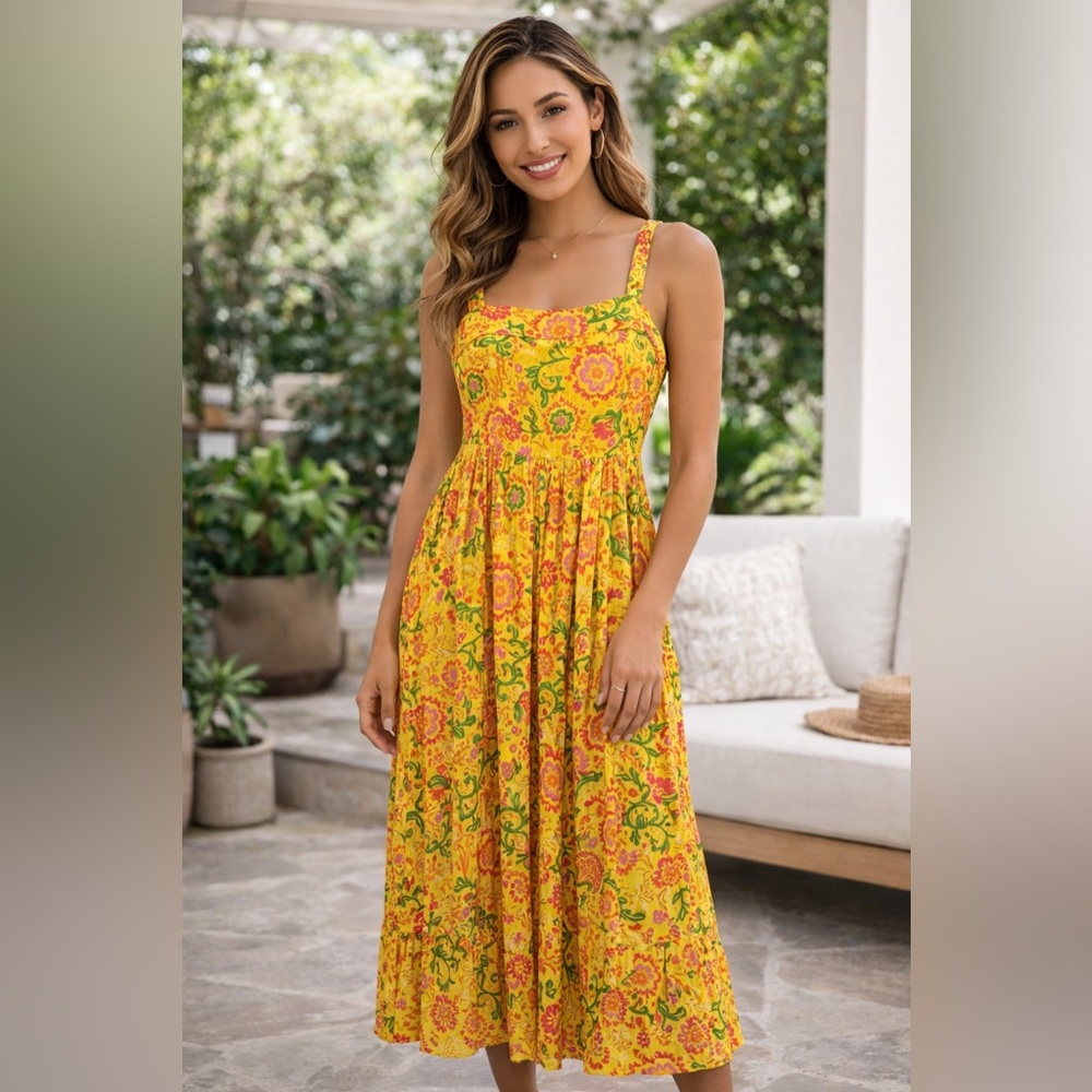Sleeveless Yellow Floral Midi Dress